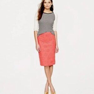 J.‎ Crew Eyelet Skirt Womens Sz 2 Coral The Pencil Pinwheel Floral Smocked Midi